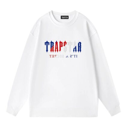 "Crewneck Trapstar It’s A Secret Galaxy White Sweatshirt - A chic and unique crewneck sweatshirt with a captivating 'It’s A Secret' galaxy design in white, perfect for those who appreciate distinctive fashion."