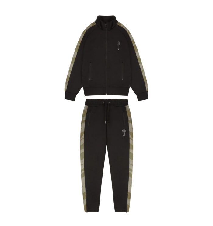 Trapstar Irongate T Zip Tracksuit - A stylish black and olive camo tracksuit featuring the iconic Irongate T design.