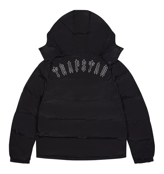Trapstar Black Irongate Jacket with Detachable Hood - A versatile and stylish black jacket featuring a detachable hood for urban fashion enthusiasts."