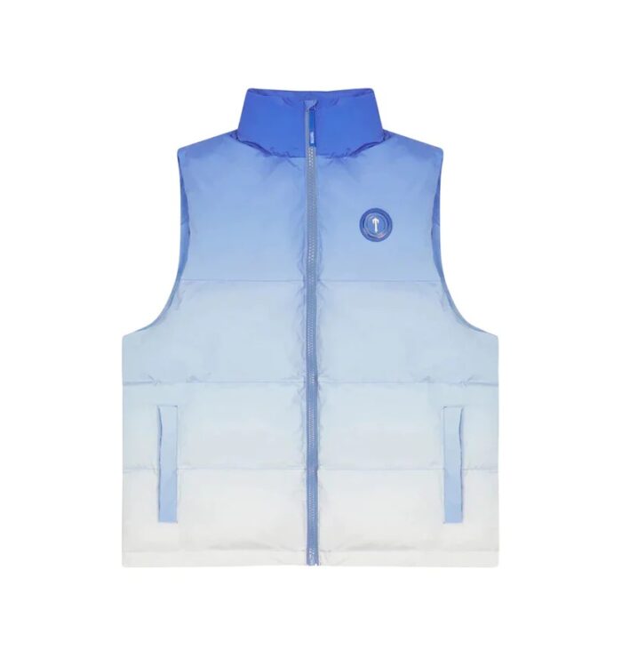 "Trapstar Irongate Gilet - Ice Blue Gradient - A sleek and stylish sleeveless jacket with a captivating ice blue gradient design."