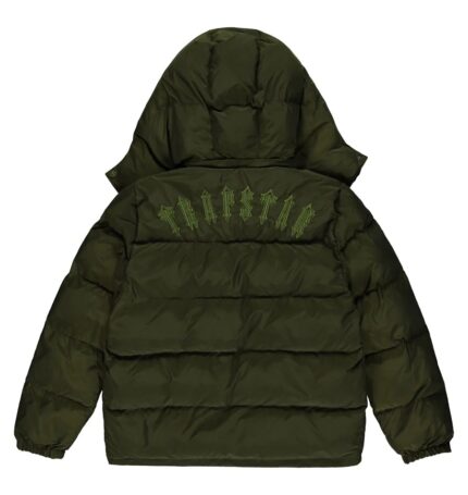 Stylish Trapstar Khaki Green Irongate Jacket with Detachable Hood - a versatile blend of fashion and function in an on-trend khaki green color."