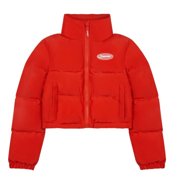 "Vibrant women's Trapstar Red Hyperdrive Jacket with a bold and energetic design in a striking red color."