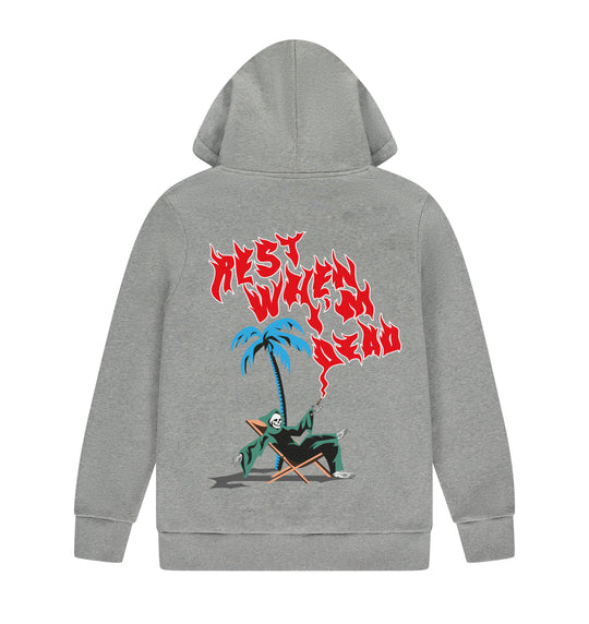 Rest When I'm Dead Hoodie - A stylish and edgy grey hoodie.